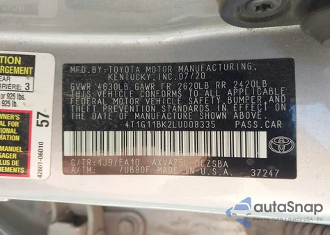 2020 Toyota Camry Se Awd из США, поврежденный, VIN 4T1G11BK2LU008335